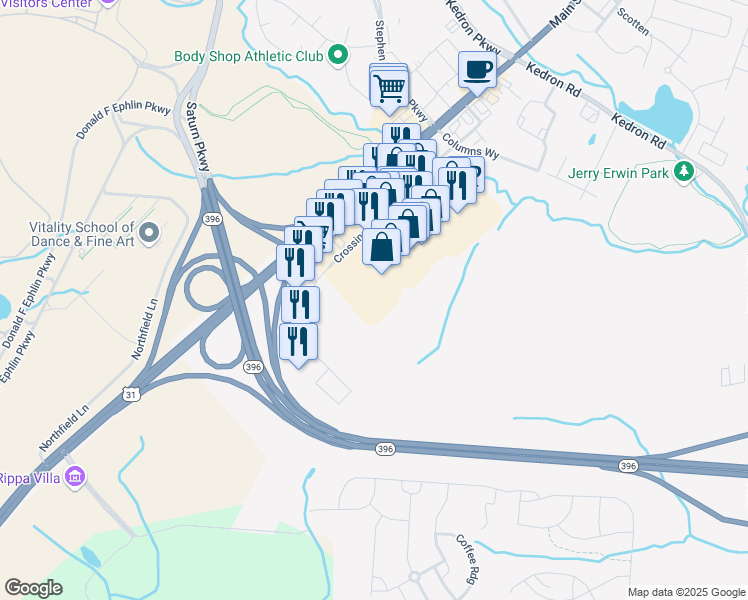 map of restaurants, bars, coffee shops, grocery stores, and more near 1020 Crossings Boulevard in Spring Hill