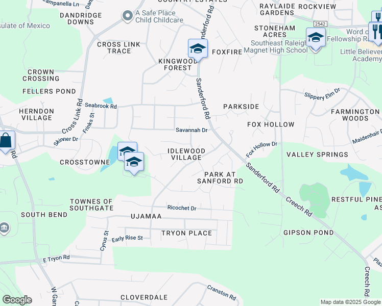 map of restaurants, bars, coffee shops, grocery stores, and more near 3008 Snowberry Drive in Raleigh