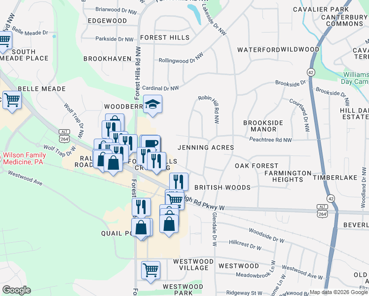 map of restaurants, bars, coffee shops, grocery stores, and more near 1010-1012 Ensworth Road Northwest in Wilson