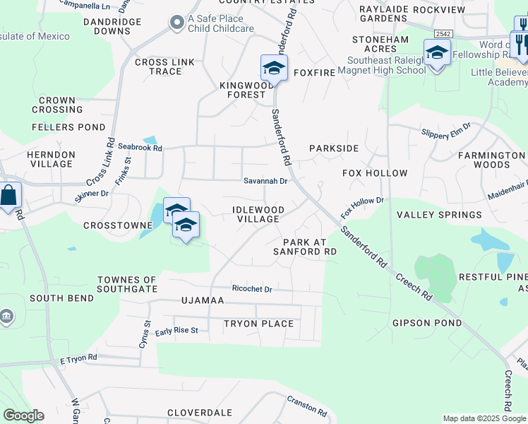 map of restaurants, bars, coffee shops, grocery stores, and more near 3008 Snowberry Drive in Raleigh