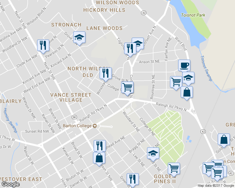 map of restaurants, bars, coffee shops, grocery stores, and more near 507 Bynum Street North in Wilson