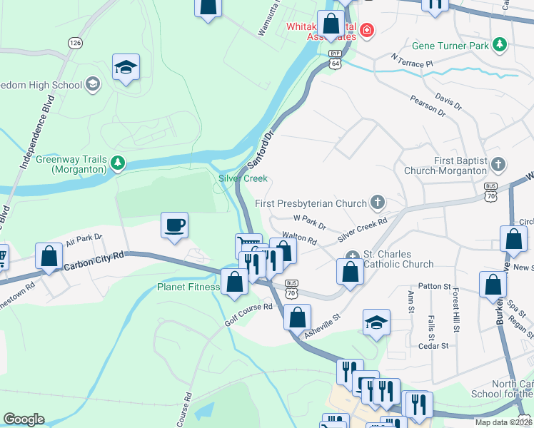 map of restaurants, bars, coffee shops, grocery stores, and more near 227 West Park Drive in Morganton