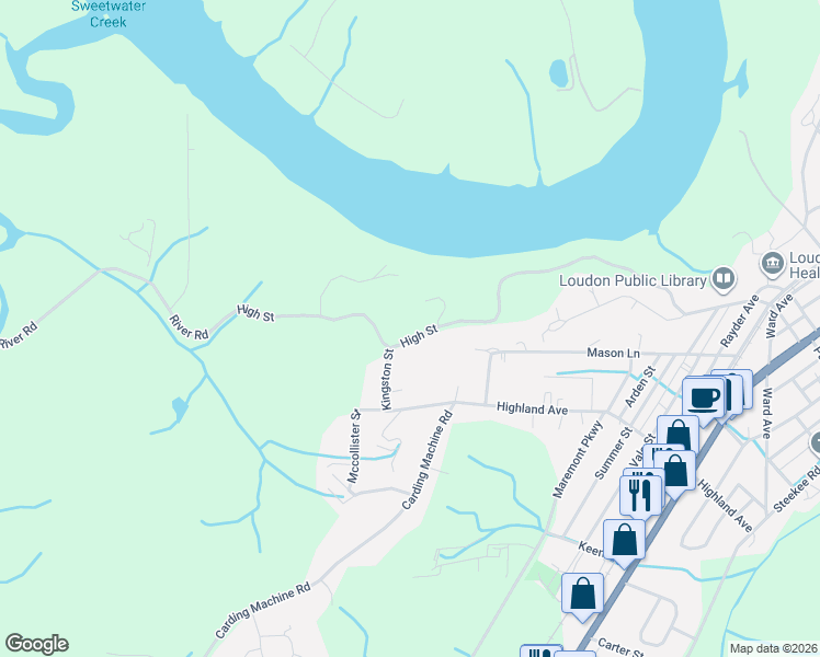 map of restaurants, bars, coffee shops, grocery stores, and more near 560 River Road in Loudon
