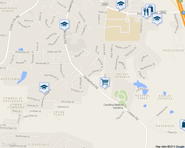 map of restaurants, bars, coffee shops, grocery stores, and more near 1720 Fox Hollow Drive in Raleigh