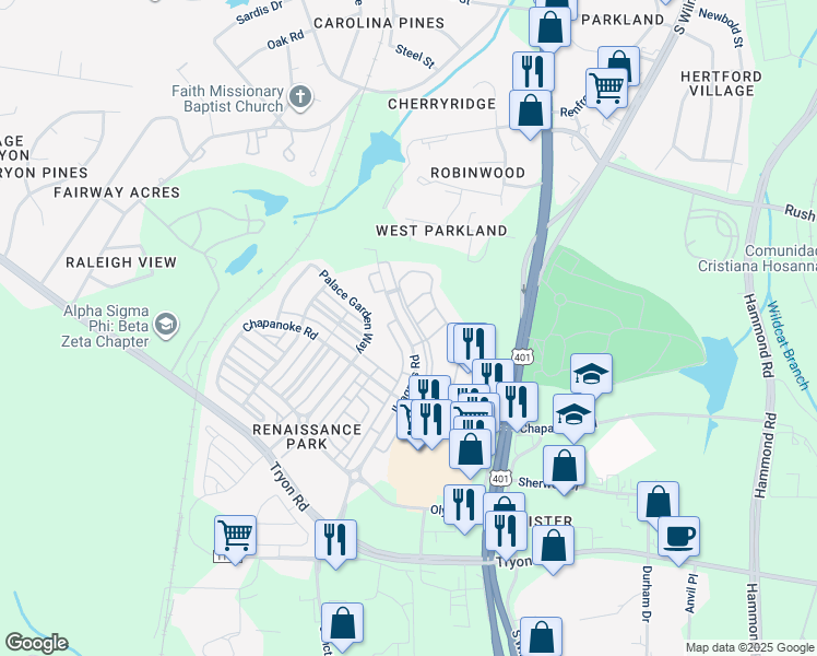 map of restaurants, bars, coffee shops, grocery stores, and more near 414 Stone Flower Lane in Raleigh