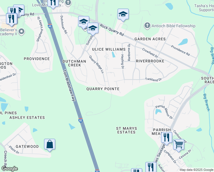 map of restaurants, bars, coffee shops, grocery stores, and more near 2435 Quarry Ridge Lane in Raleigh