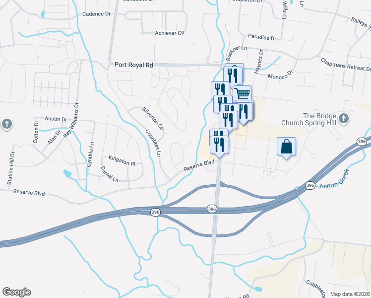 map of restaurants, bars, coffee shops, grocery stores, and more near 2004 Queen's Court in Spring Hill
