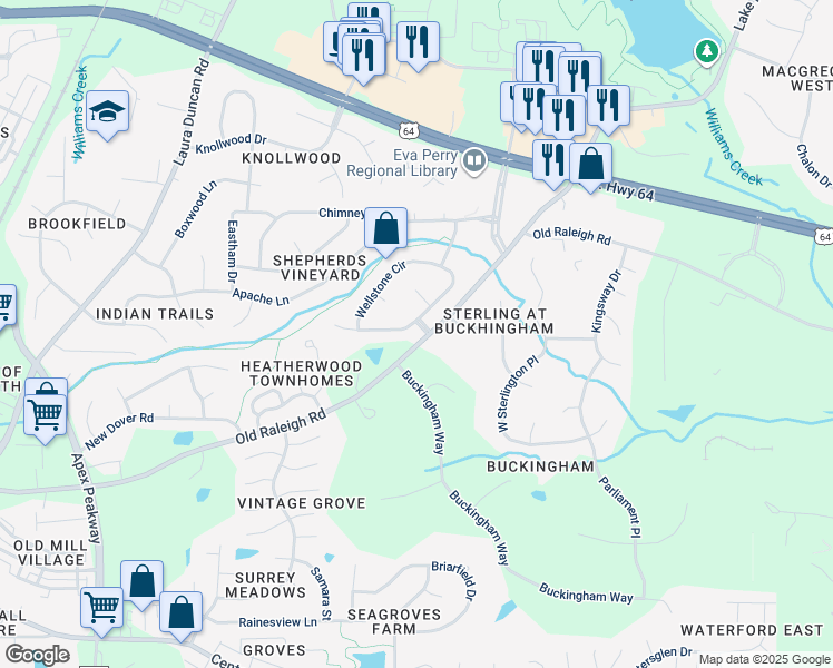 map of restaurants, bars, coffee shops, grocery stores, and more near 1014 Wellstone Circle in Apex