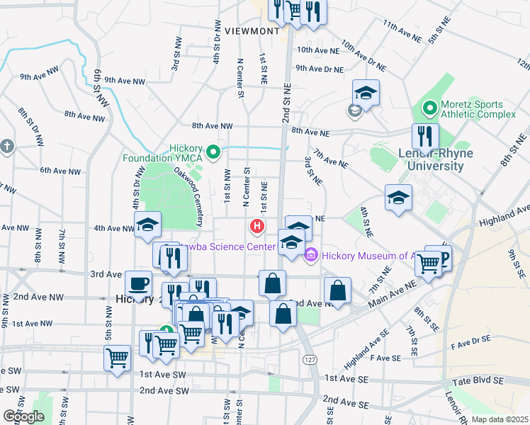 map of restaurants, bars, coffee shops, grocery stores, and more near 105 5th Avenue Northeast in Hickory