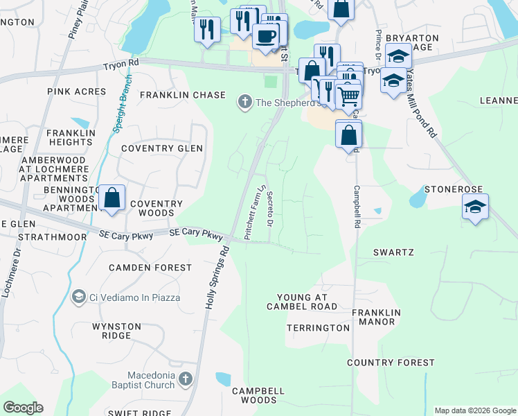 map of restaurants, bars, coffee shops, grocery stores, and more near 8244 Pritchett Farm Lane in Raleigh