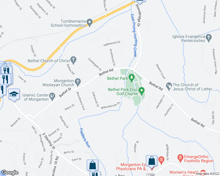 map of restaurants, bars, coffee shops, grocery stores, and more near 205 Woodlawn Drive in Morganton