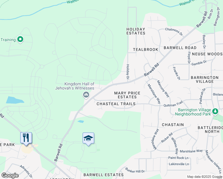 map of restaurants, bars, coffee shops, grocery stores, and more near 3321 Barwell Road in Raleigh