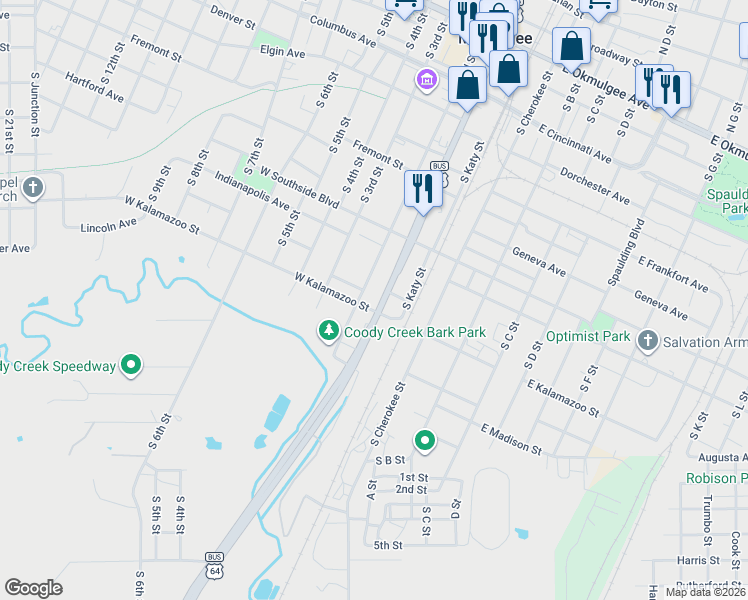 map of restaurants, bars, coffee shops, grocery stores, and more near 1020 South 2nd Street in Muskogee