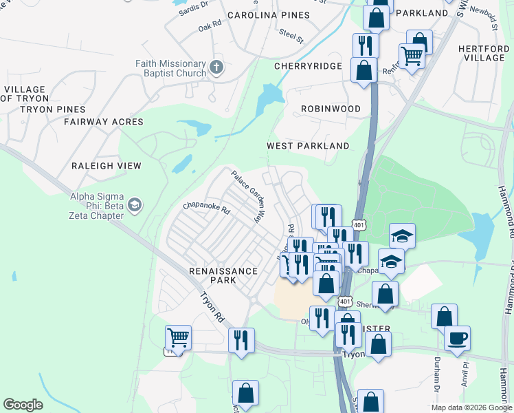 map of restaurants, bars, coffee shops, grocery stores, and more near 1116 Palace Garden Way in Raleigh