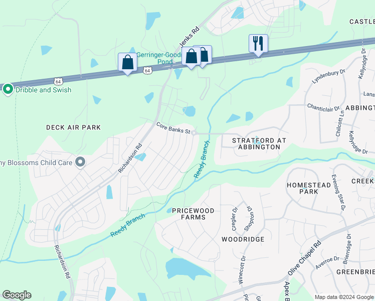 map of restaurants, bars, coffee shops, grocery stores, and more near 1136 Lowland Street in Apex