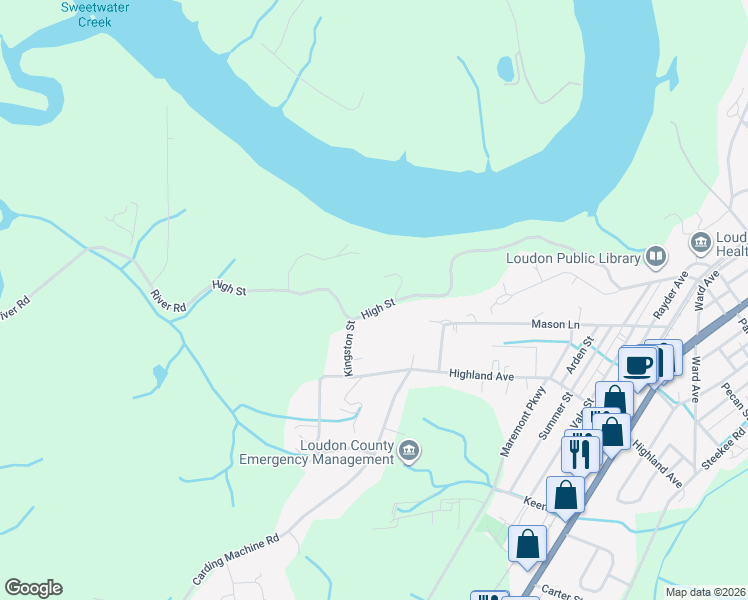 map of restaurants, bars, coffee shops, grocery stores, and more near 560 River Road in Loudon
