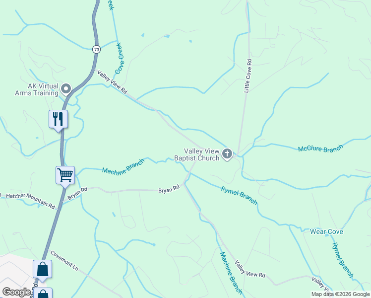 map of restaurants, bars, coffee shops, grocery stores, and more near 3450 Valley View Road in Sevierville