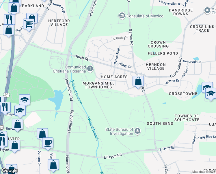 map of restaurants, bars, coffee shops, grocery stores, and more near 206 Seagrams Court in Raleigh