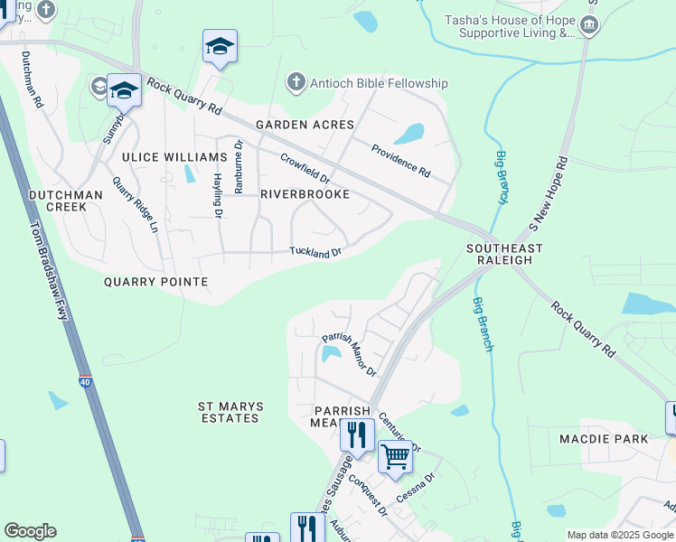 map of restaurants, bars, coffee shops, grocery stores, and more near 4550 Rock Quarry Road in Raleigh