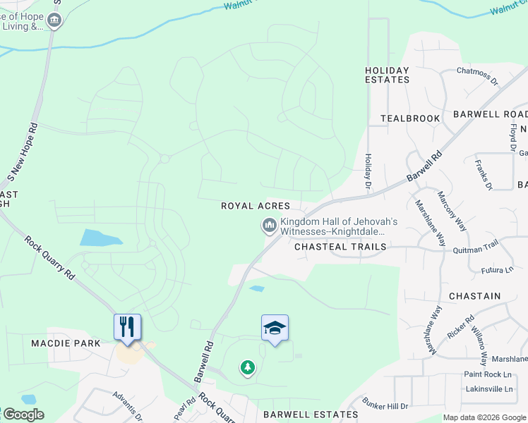 map of restaurants, bars, coffee shops, grocery stores, and more near 5104 Royal Acres Road in Raleigh