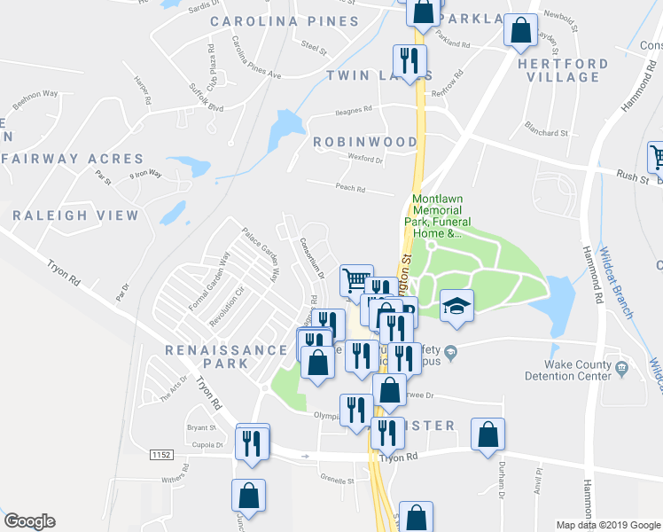 map of restaurants, bars, coffee shops, grocery stores, and more near 1099 Renewal Place in Raleigh