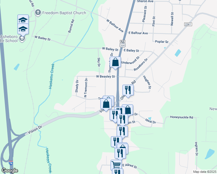 map of restaurants, bars, coffee shops, grocery stores, and more near 1553 North Fayetteville Street in Asheboro