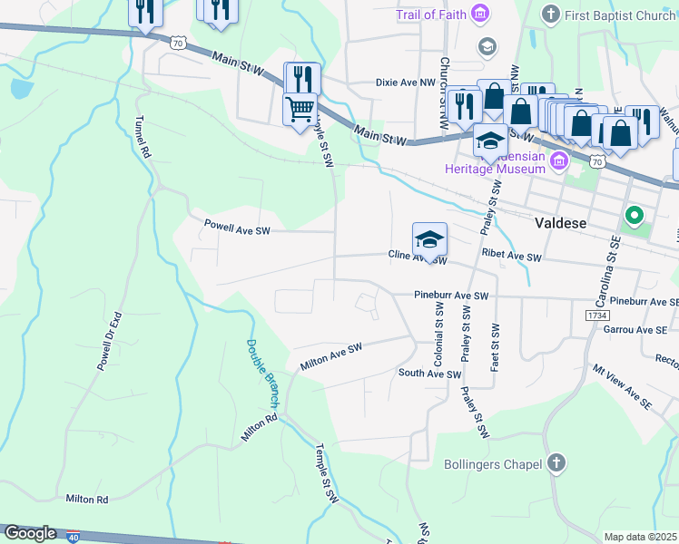 map of restaurants, bars, coffee shops, grocery stores, and more near 705 Cline Avenue Southwest in Valdese