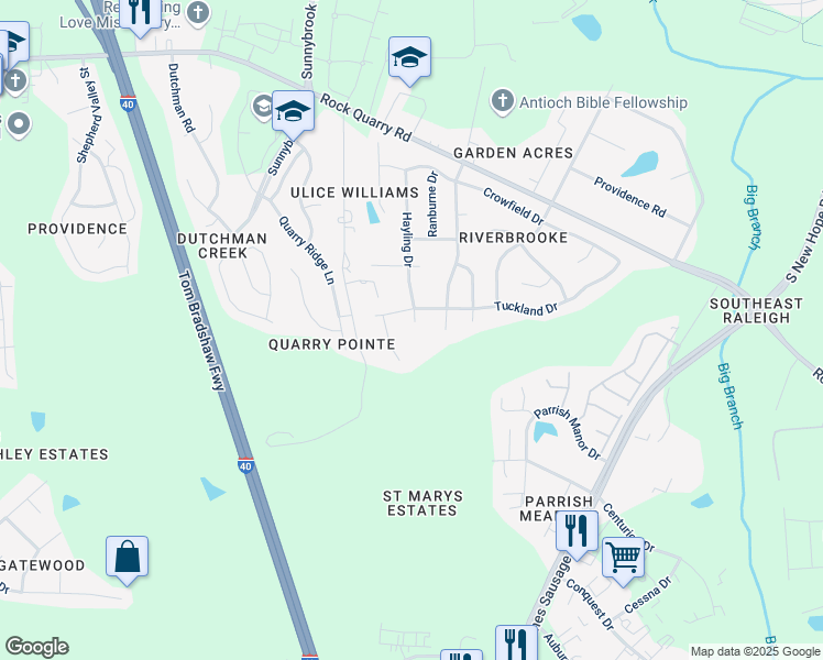 map of restaurants, bars, coffee shops, grocery stores, and more near 3214 Hayling Drive in Raleigh