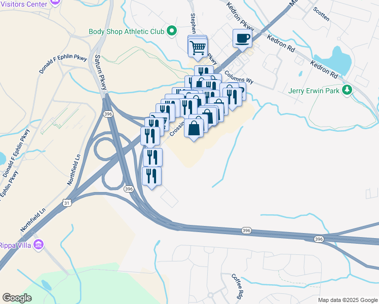 map of restaurants, bars, coffee shops, grocery stores, and more near 1020 Crossings Boulevard in Spring Hill