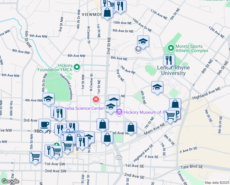 map of restaurants, bars, coffee shops, grocery stores, and more near 237 5th Avenue Northeast in Hickory