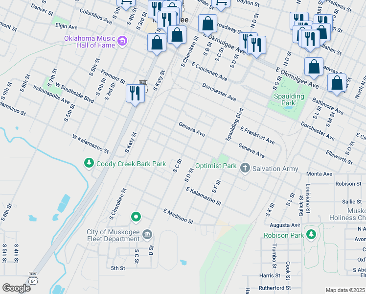 map of restaurants, bars, coffee shops, grocery stores, and more near 233 Independence Avenue in Muskogee