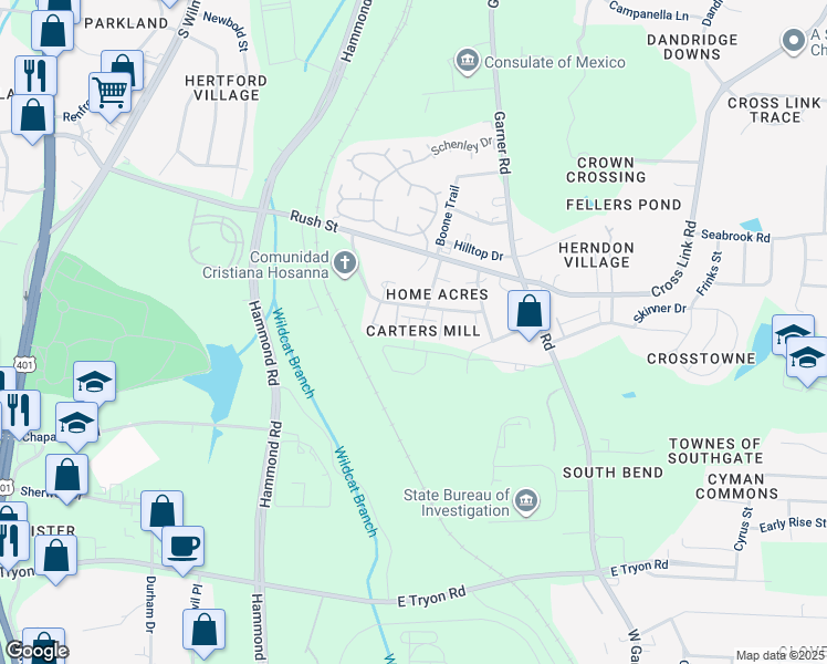 map of restaurants, bars, coffee shops, grocery stores, and more near 206 Seagrams Court in Raleigh