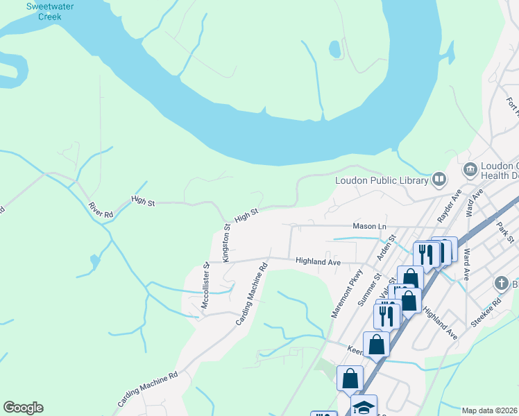 map of restaurants, bars, coffee shops, grocery stores, and more near 551 River Road in Loudon