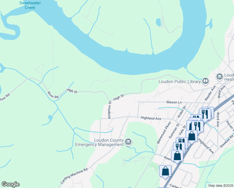 map of restaurants, bars, coffee shops, grocery stores, and more near 560 River Road in Loudon