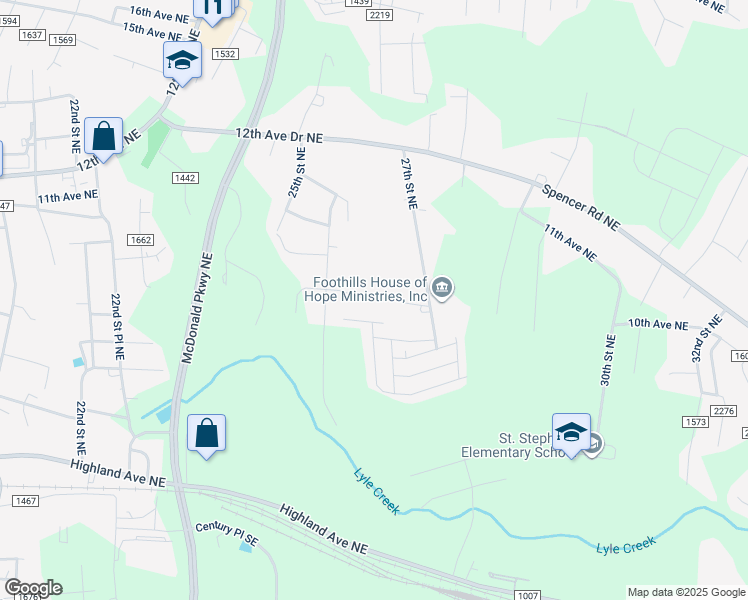 map of restaurants, bars, coffee shops, grocery stores, and more near 2637 10th Avenue Northeast in Hickory