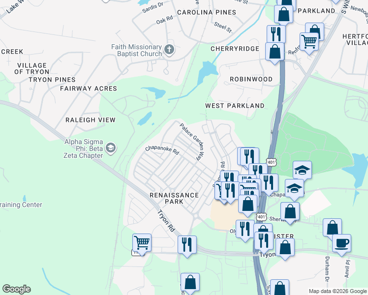 map of restaurants, bars, coffee shops, grocery stores, and more near 642 Democracy Street in Raleigh