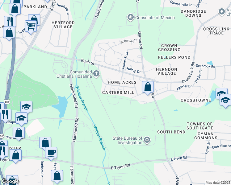 map of restaurants, bars, coffee shops, grocery stores, and more near 208 Seagrams Court in Raleigh