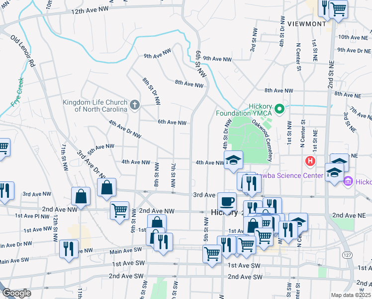 map of restaurants, bars, coffee shops, grocery stores, and more near 431 6th Street Northwest in Hickory