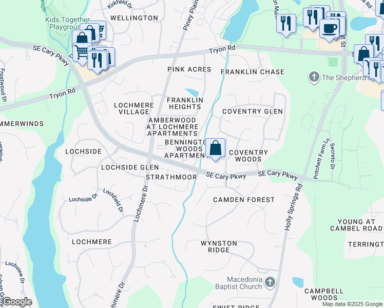 map of restaurants, bars, coffee shops, grocery stores, and more near 400 Spartacus Court in Cary