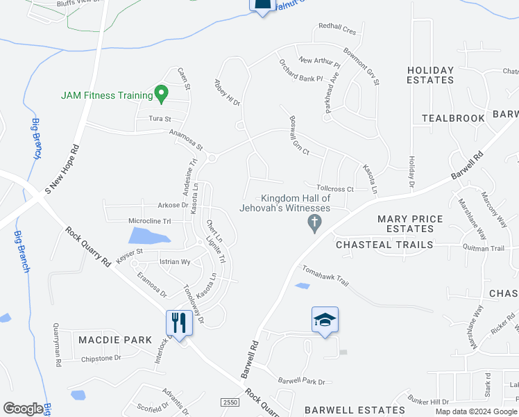 map of restaurants, bars, coffee shops, grocery stores, and more near 3400 Barwell Road in Raleigh