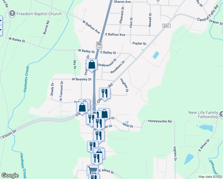 map of restaurants, bars, coffee shops, grocery stores, and more near 209 Hughes Street in Asheboro