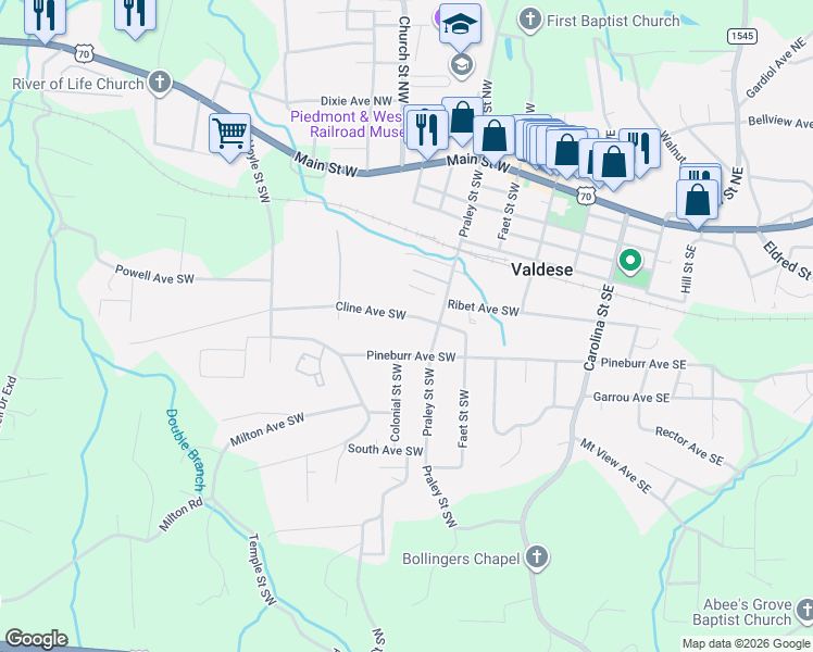 map of restaurants, bars, coffee shops, grocery stores, and more near 321 Cline Avenue Southwest in Valdese