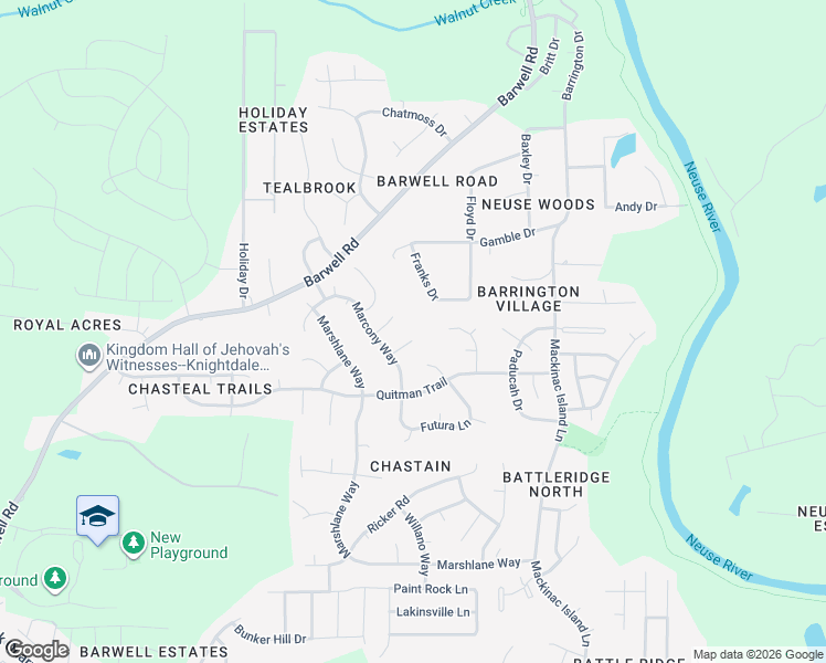 map of restaurants, bars, coffee shops, grocery stores, and more near 3241 Marcony Way in Raleigh