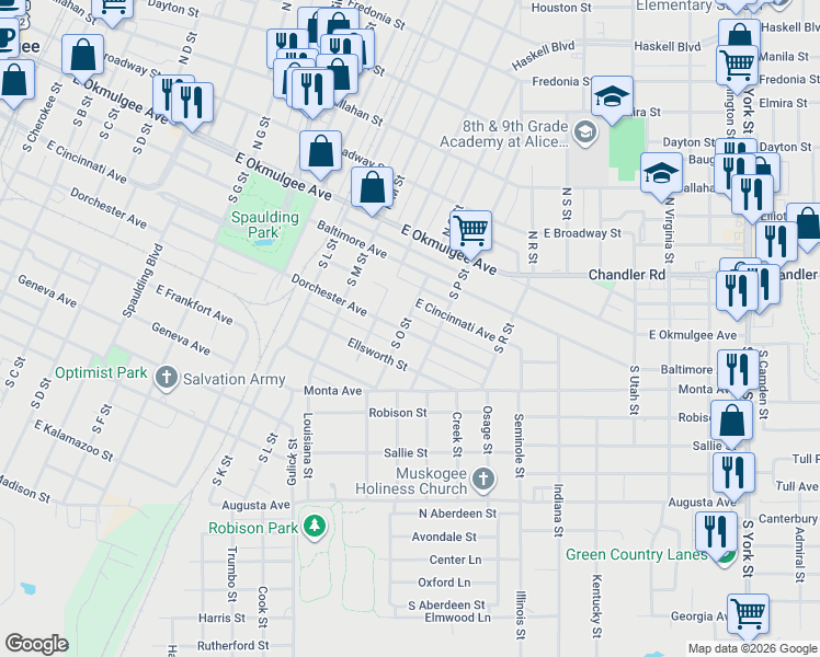 map of restaurants, bars, coffee shops, grocery stores, and more near 1518 Dorchester Avenue in Muskogee