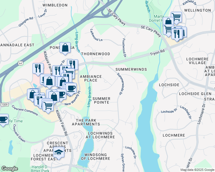 map of restaurants, bars, coffee shops, grocery stores, and more near 103 West Green Forest Drive in Cary