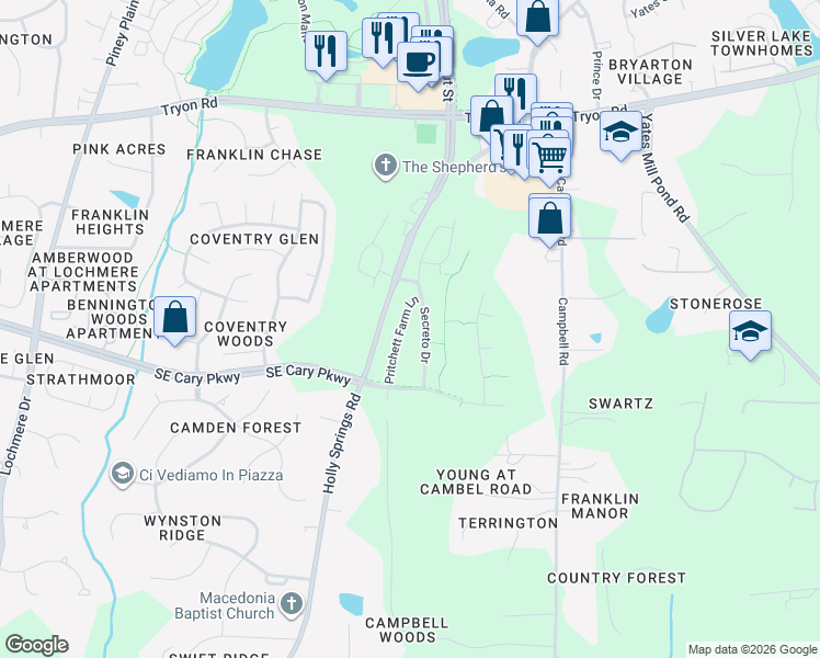 map of restaurants, bars, coffee shops, grocery stores, and more near 8244 Pritchett Farm Lane in Raleigh