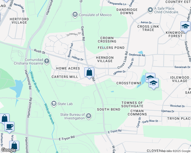 map of restaurants, bars, coffee shops, grocery stores, and more near 726 Maypearl Lane in Raleigh