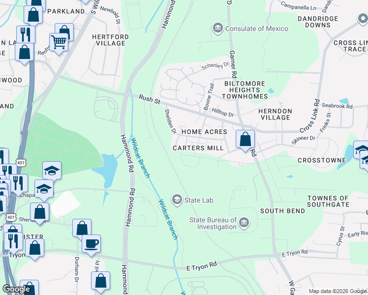 map of restaurants, bars, coffee shops, grocery stores, and more near 3057 Morgans Mill Court in Raleigh