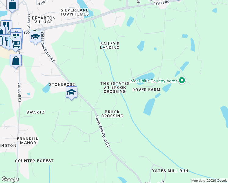 map of restaurants, bars, coffee shops, grocery stores, and more near 5920 Yates Mill Pond Road in Raleigh