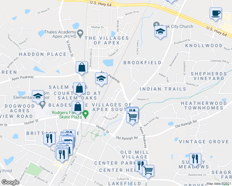 map of restaurants, bars, coffee shops, grocery stores, and more near 675 Grand Central Station in Apex